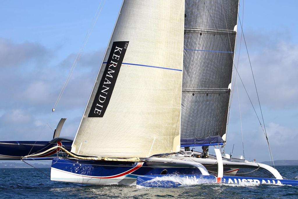 Team Australia (Sean Langman) arrives in Auckland after setting a new Trans-Tasman crossing record of 2days and 17 hours. The ORMA60 trimaran sailed from Sydney to Auckland. Team Australia will line up for the 2013 Coastal Classic  © Richard Gladwell www.photosport.co.nz